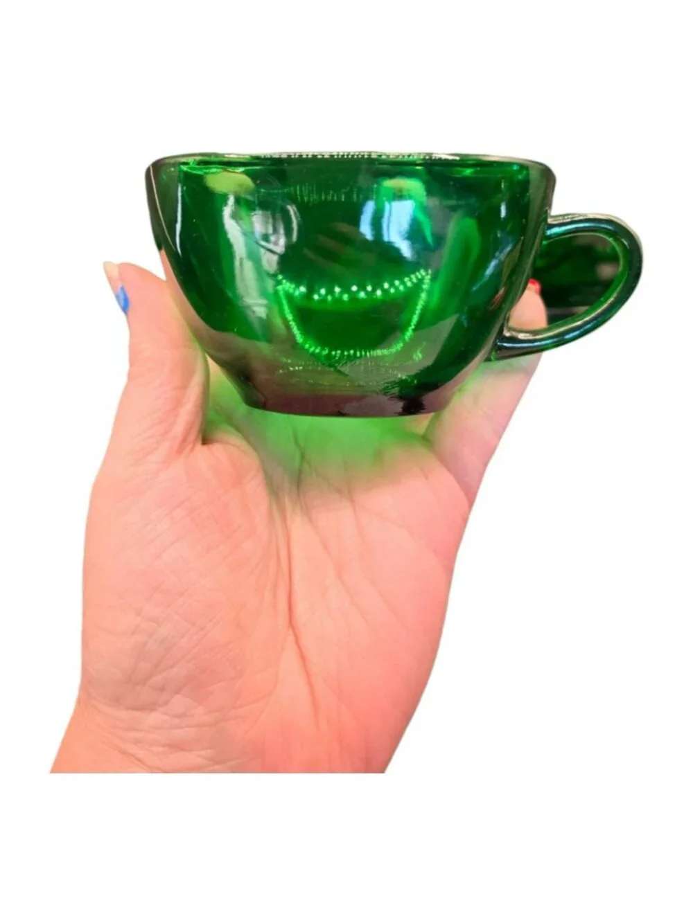 Vintage Anchor Hocking Green Glass Tea Cups & Saucers Set Of 4 MCM Design